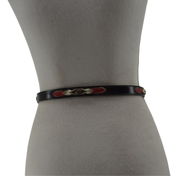 Skinny Leather Belt Western Black Red White Rodeo Cowgirl M - Picture 2 of 11